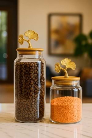 2’li Altın Metal Ginkgo Figürlü Bambu Kapaklı Cam Kavanoz – Saklama Kabı 1400ml + 890 ml