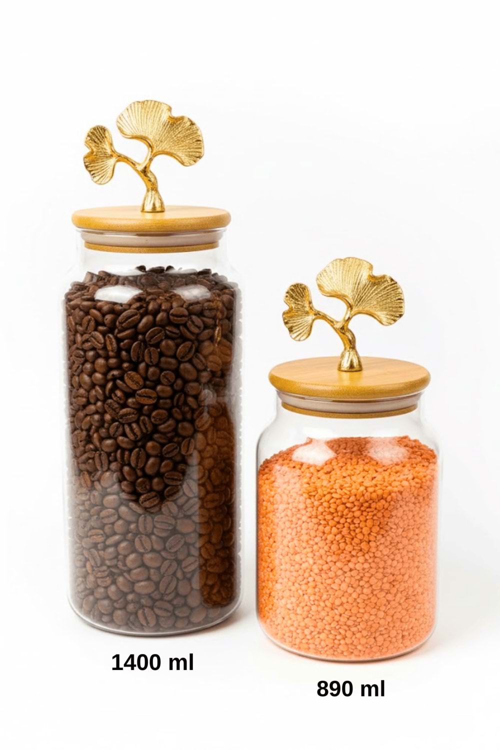 2’li Altın Metal Ginkgo Figürlü Bambu Kapaklı Cam Kavanoz – Saklama Kabı 1400ml + 890 ml