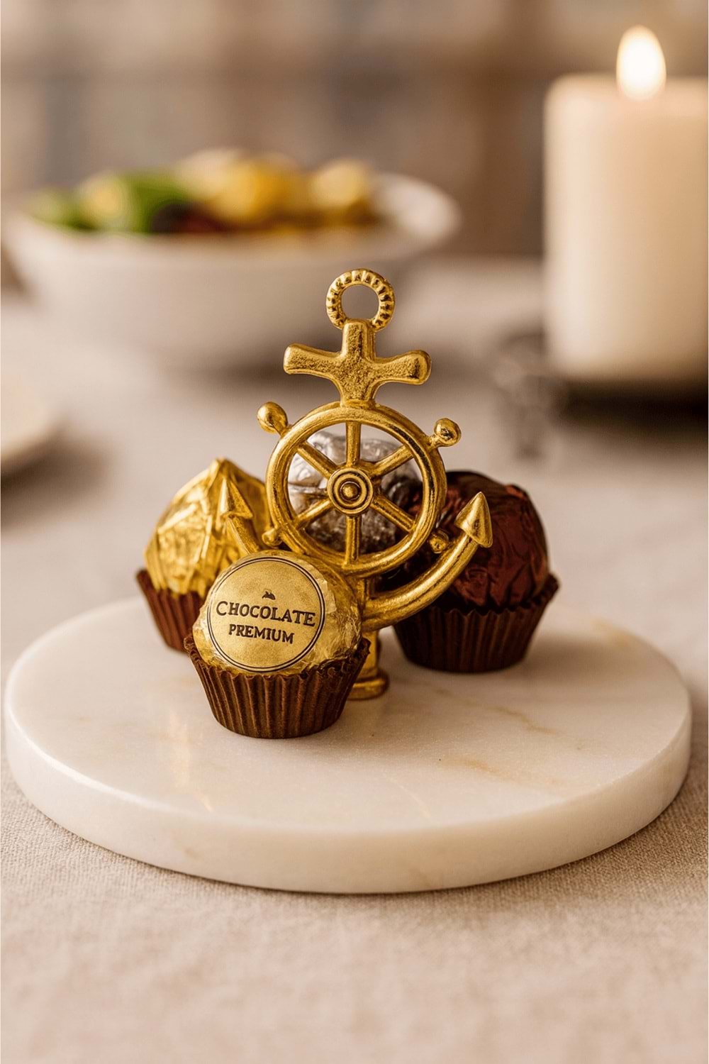 Altın Gemici Çapası Dekorlu Mermer Lokumluk – İkram, Tatlı & Drajelik Sunum Tabağı