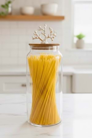 1400 ml Borosilikat Cam Kavanoz - Gümüş Mercan Figür Bambu Kapaklı Lüks Saklama Kabı