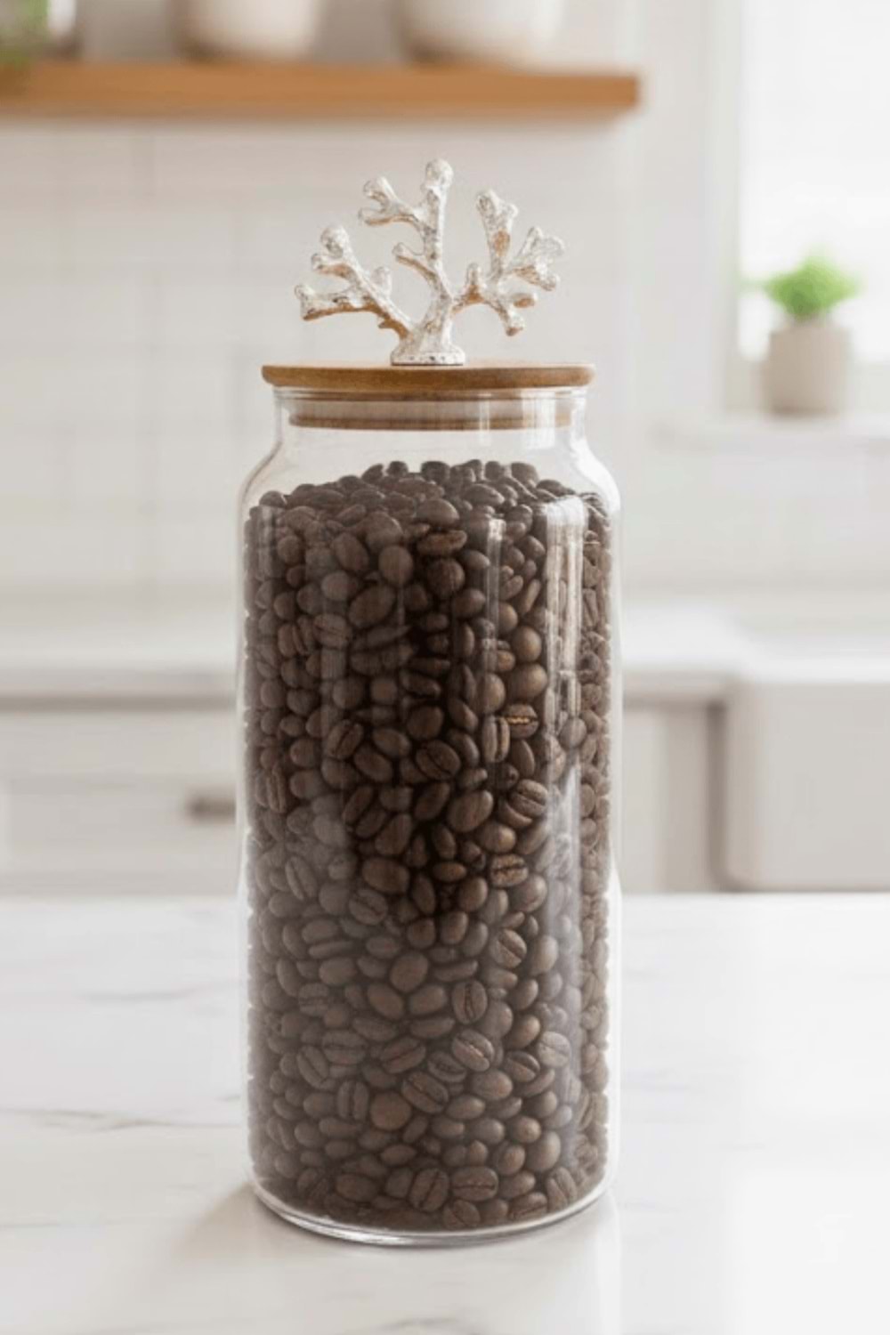 1400 ml Borosilikat Cam Kavanoz - Gümüş Mercan Figür Bambu Kapaklı Lüks Saklama Kabı