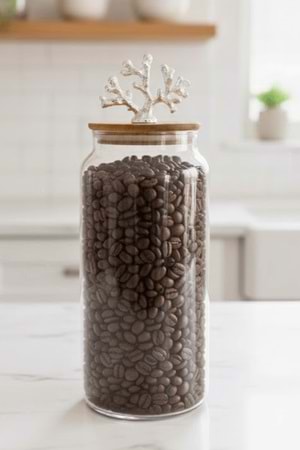 1400 ml Borosilikat Cam Kavanoz - Gümüş Mercan Figür Bambu Kapaklı Lüks Saklama Kabı