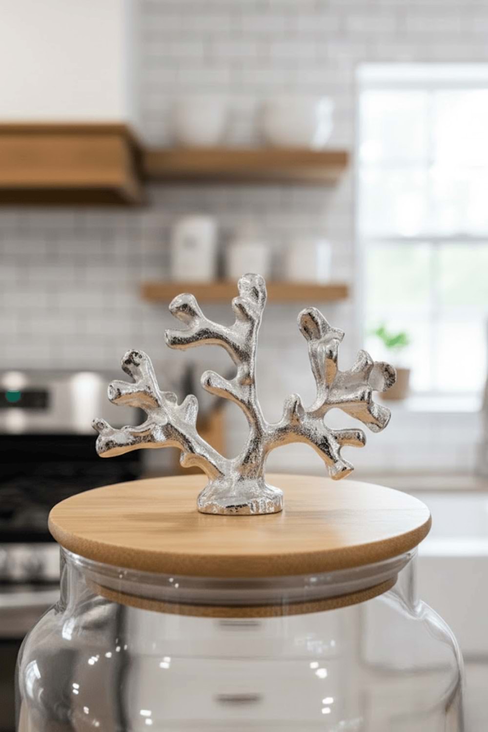 1400 ml Borosilikat Cam Kavanoz - Gümüş Mercan Figür Bambu Kapaklı Lüks Saklama Kabı