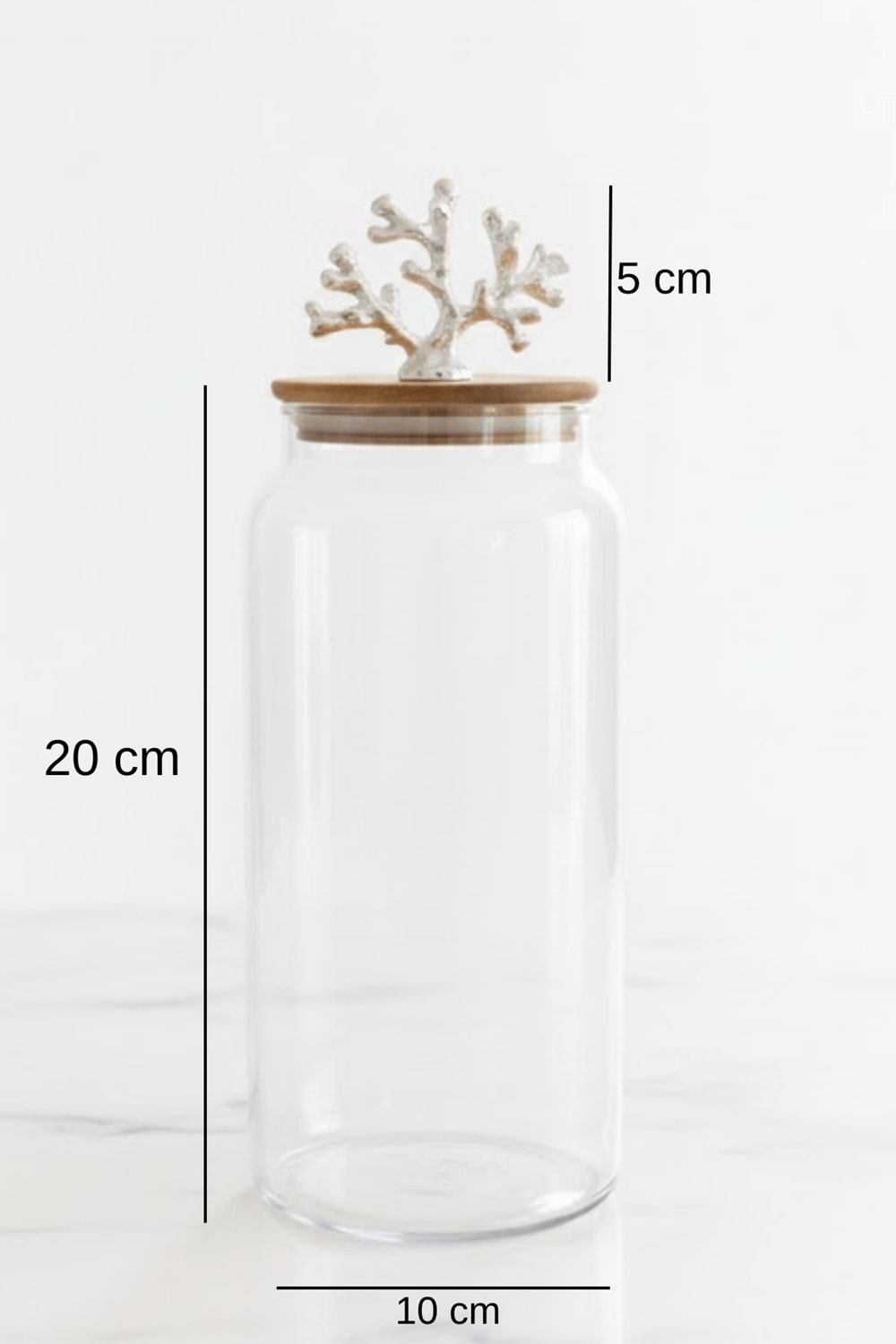 1400 ml Borosilikat Cam Kavanoz - Gümüş Mercan Figür Bambu Kapaklı Lüks Saklama Kabı