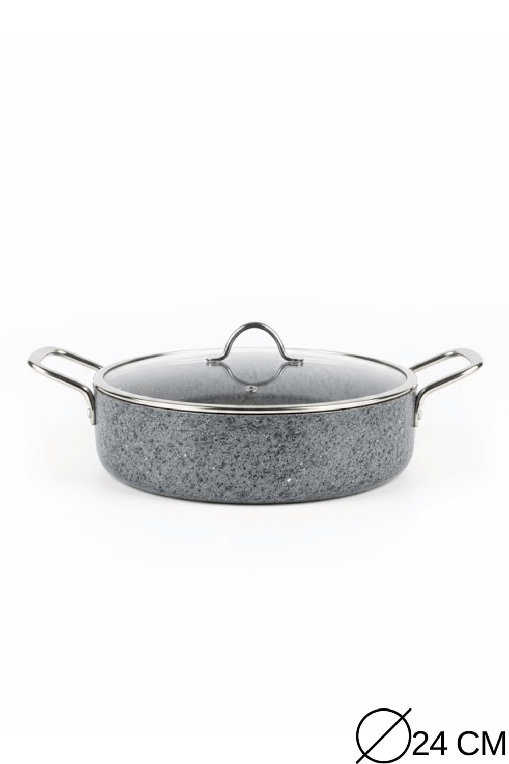 Stone-H 24 cm Çizilmez Yanmaz Yapışmaz Basık Tencere - Cam Kapaklı Karnı Yarık Tenceresi