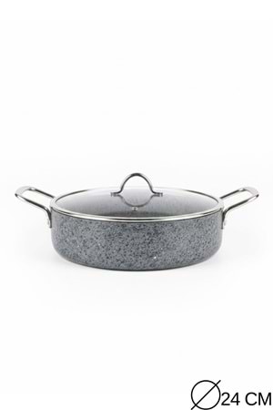 Stone-H 24 cm Çizilmez Yanmaz Yapışmaz Basık Tencere - Cam Kapaklı Karnı Yarık Tenceresi