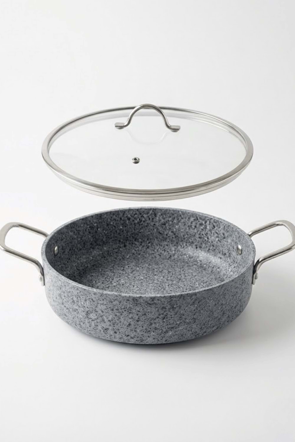 Stone-H 24 cm Çizilmez Yanmaz Yapışmaz Basık Tencere - Cam Kapaklı Karnı Yarık Tenceresi