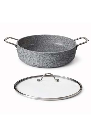 Stone-H 24 cm Çizilmez Yanmaz Yapışmaz Basık Tencere - Cam Kapaklı Karnı Yarık Tenceresi