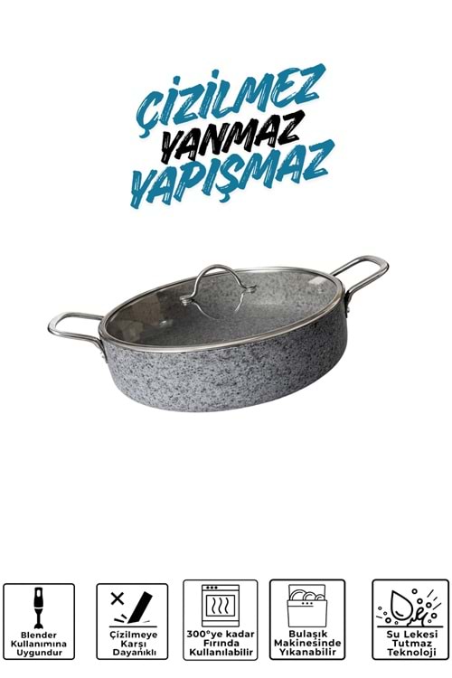 Stone-H 30 cm Çizilmez Yanmaz Yapışmaz Basık Tencere - Cam Kapaklı Karnı Yarık Tenceresi