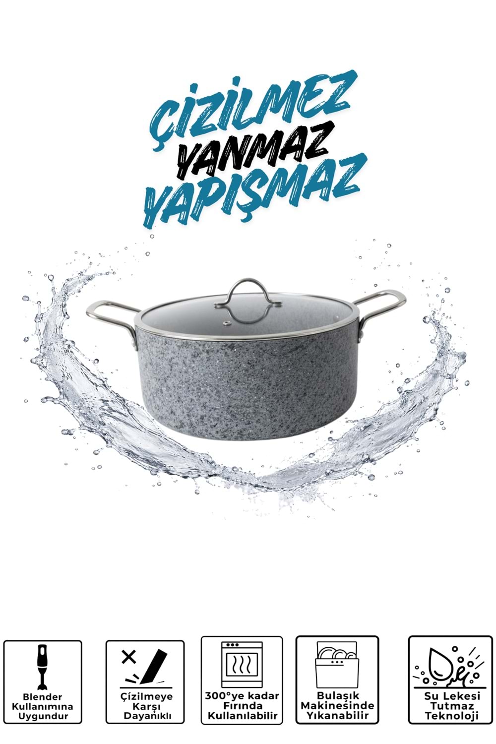 Stone-H 24 cm Çizilmez Yanmaz Yapışmaz Derin Tencere - Cam Kapaklı Tence