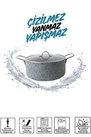Stone-H 24 cm Çizilmez Yanmaz Yapışmaz Derin Tencere - Cam Kapaklı Tence