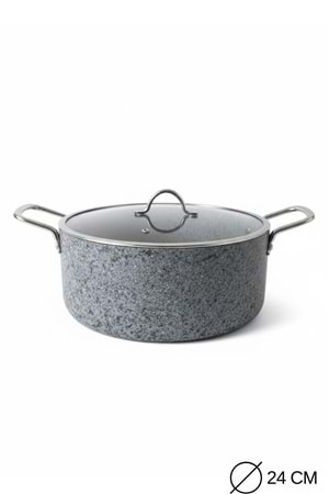 Stone-H 24 cm Çizilmez Yanmaz Yapışmaz Derin Tencere - Cam Kapaklı Tence