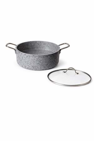 Stone-H 24 cm Çizilmez Yanmaz Yapışmaz Derin Tencere - Cam Kapaklı Tence