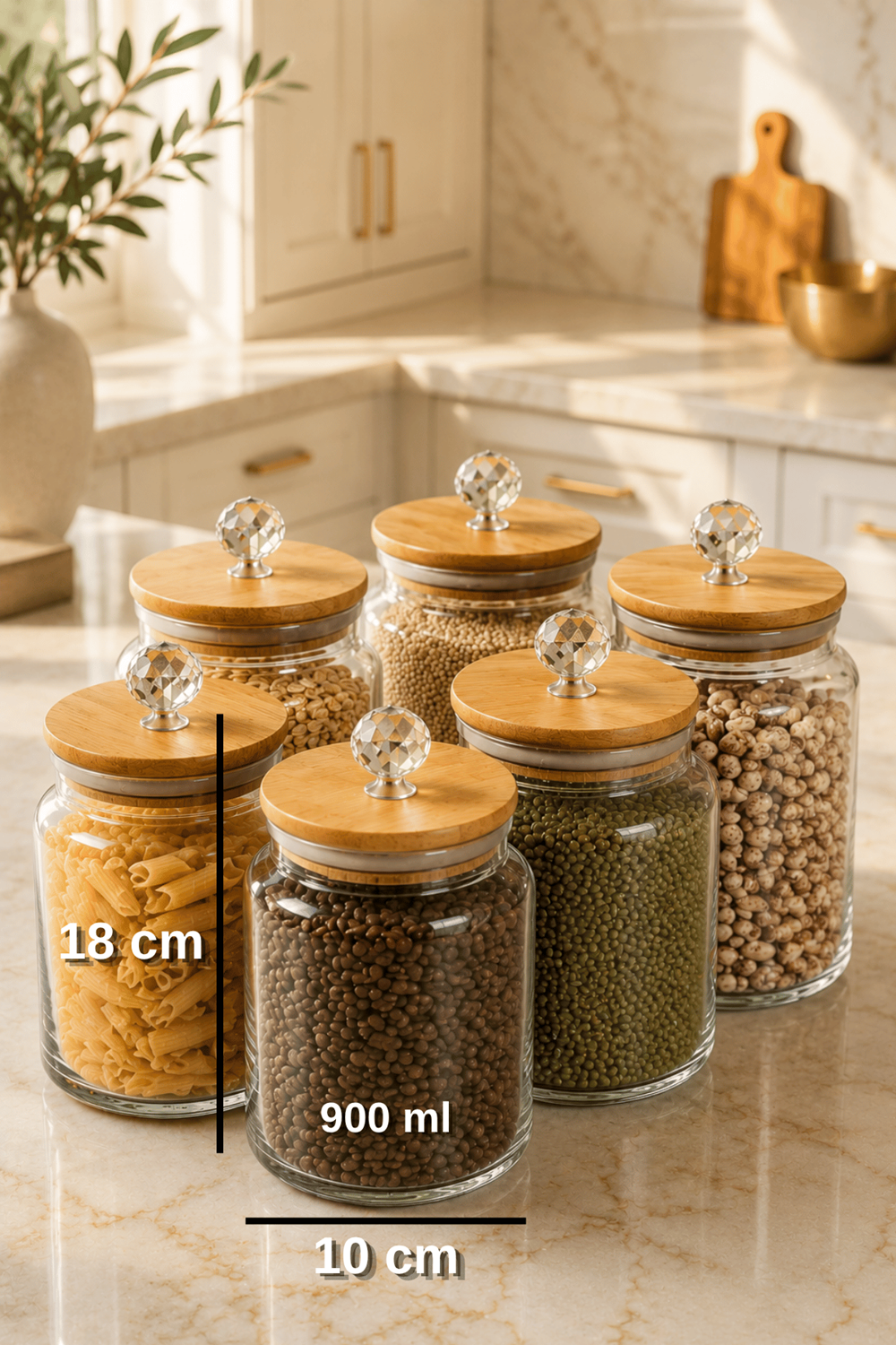 6'lı Bambu Kapaklı Kristal Aksesuarlı Cam Kavanoz Seti Hava Geçirmez Bakliyat Baharatlık 900ml