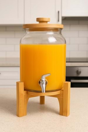 4 Litre Cam Şerbetlik – Musluklu, Bambu Standlı Sunumluk Sebil İçecek Dispenseri