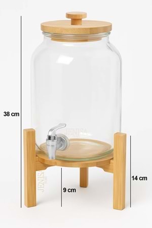 4 Litre Cam Şerbetlik – Musluklu, Bambu Standlı Sunumluk Sebil İçecek Dispenseri